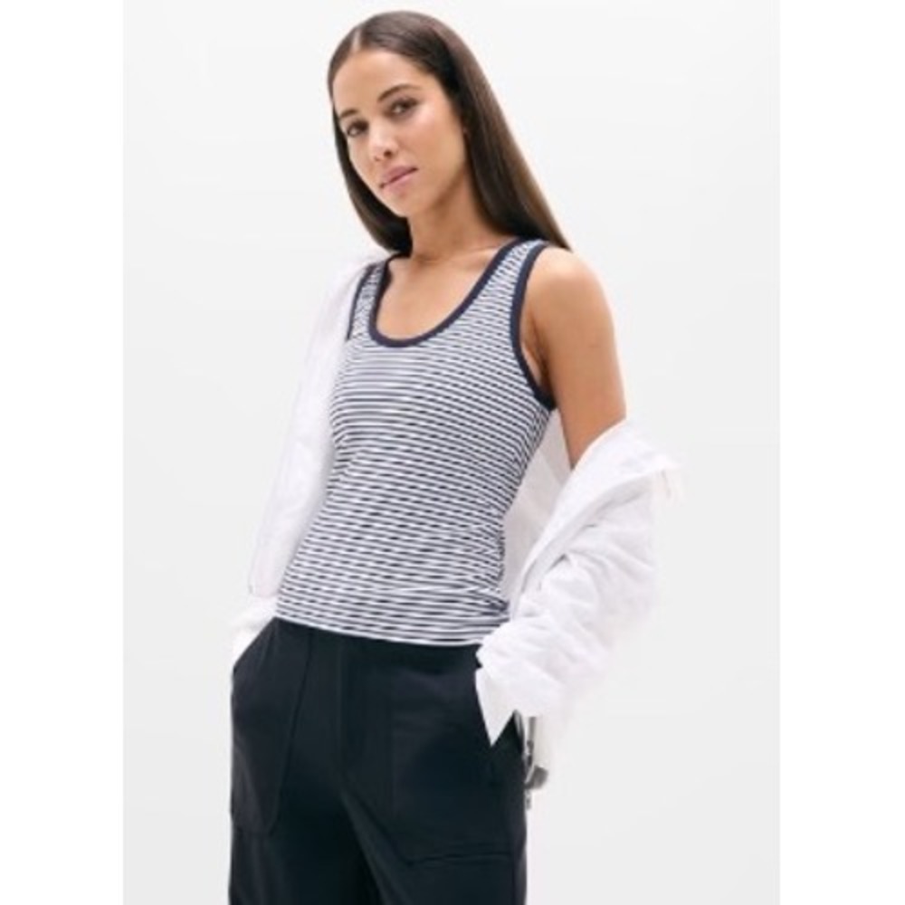 Athleta Womens XS Silk Racerback Signature Rib Scoop Tank Martina Navy Stripe
